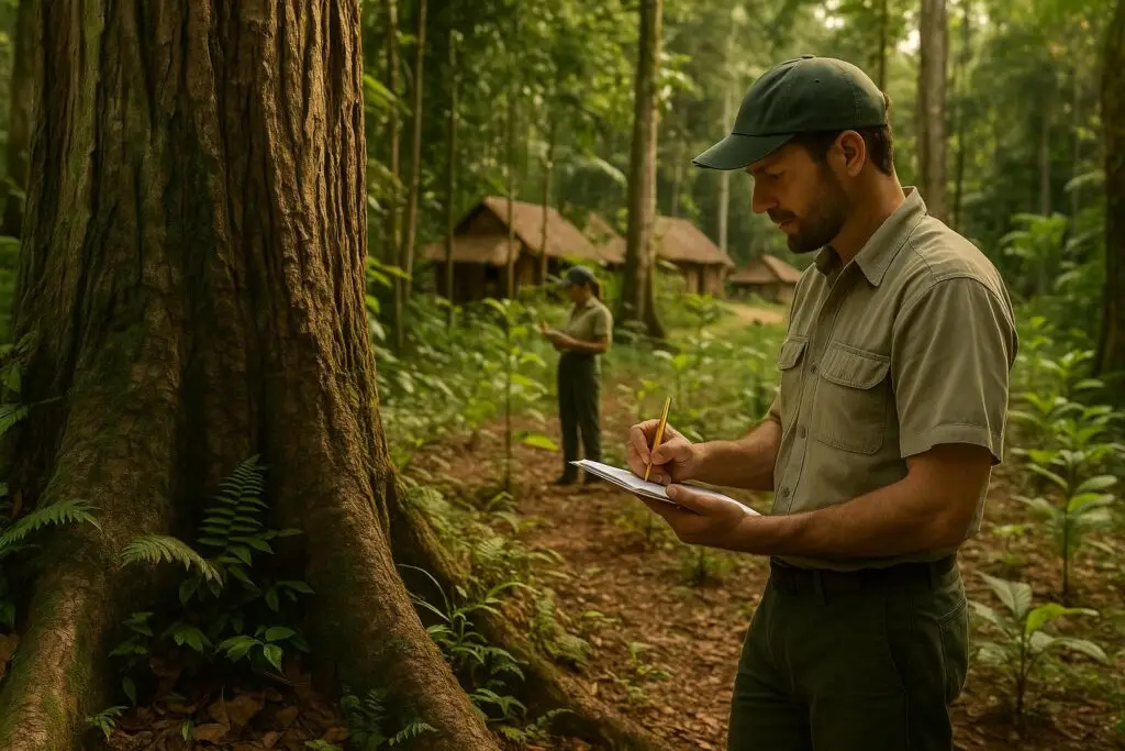 Tecnico ambientale del progetto La Paz che scrive appunti su un taccuino mentre monitora gli alberi maturi della foresta amazzonica boliviana