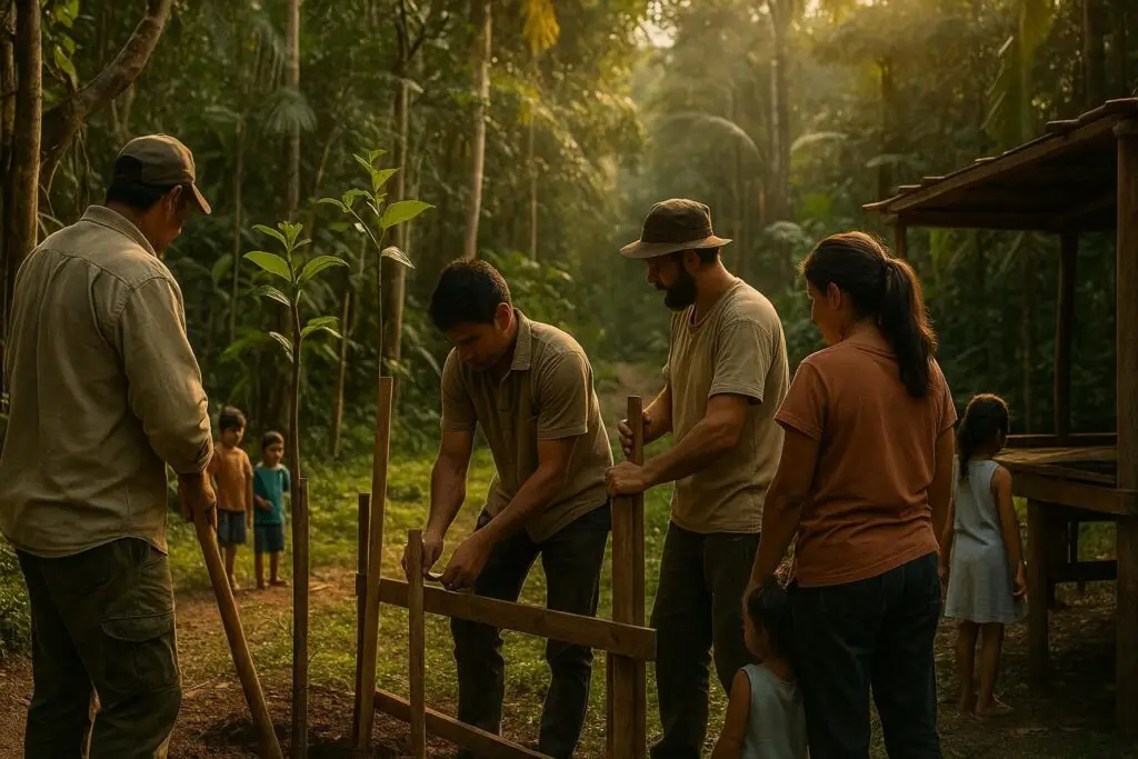 La Paz - Comunità locale amazzonica impegnata nella manutenzione della foresta e di strutture in legno