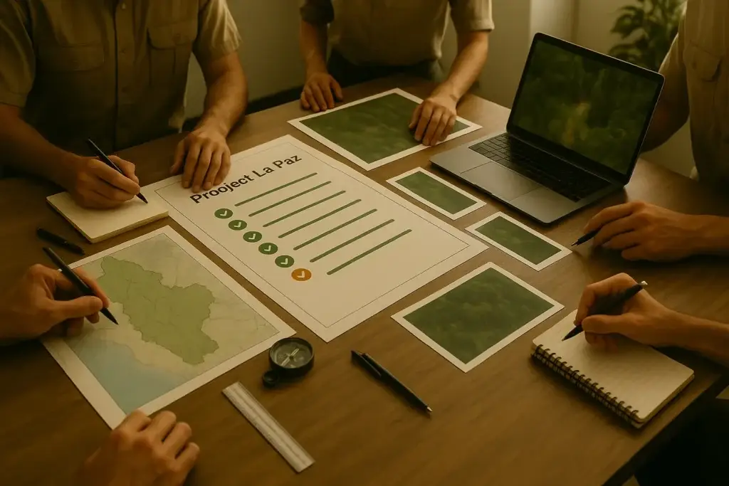 Tecnici ambientali analizzano la roadmap del progetto La Paz, con mappe, carte forestali e grafici di avanzamento su un tavolo di lavoro, in un ufficio sostenibile illuminato da luce naturale.