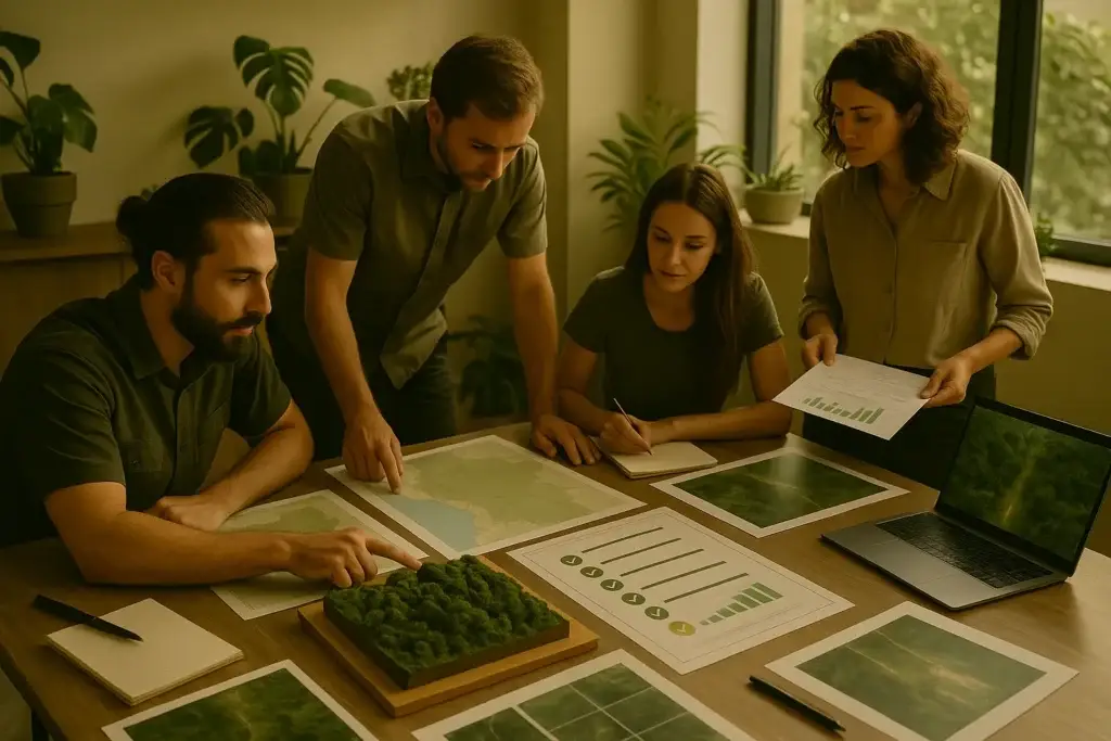 Consulenti ambientali e tecnici in un moderno ufficio sostenibile, al lavoro su Progetti Green di Sostenibilità Ambientale Personalizzati