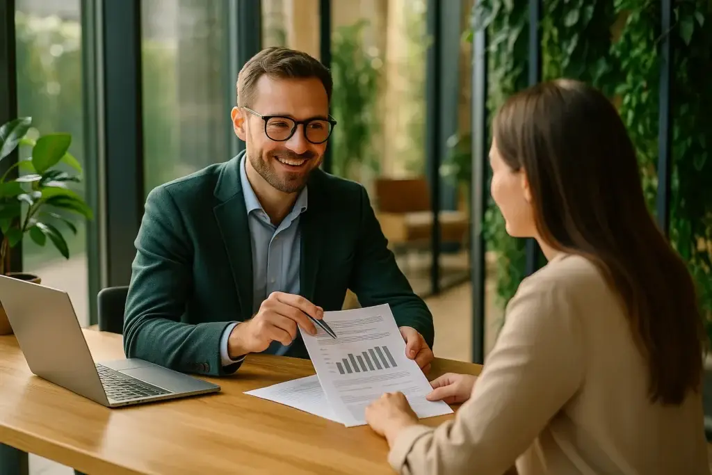 Consulenza professionale in ufficio green che spiega come comprare crediti di carbonio certificati